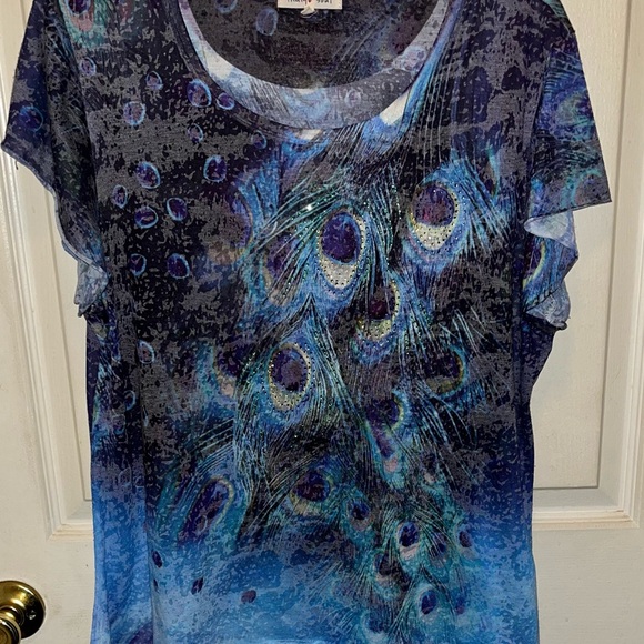 INDIGO SOUL Women’s Short Sleeve Peacock Feather Print Top. Sz XL - Picture 2 of 4